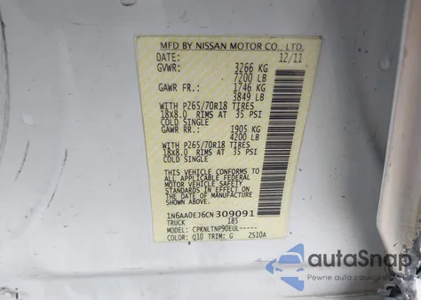 2012 Nissan Titan Sv из США, поврежденный, VIN 1N6AA0EJ6CN309091